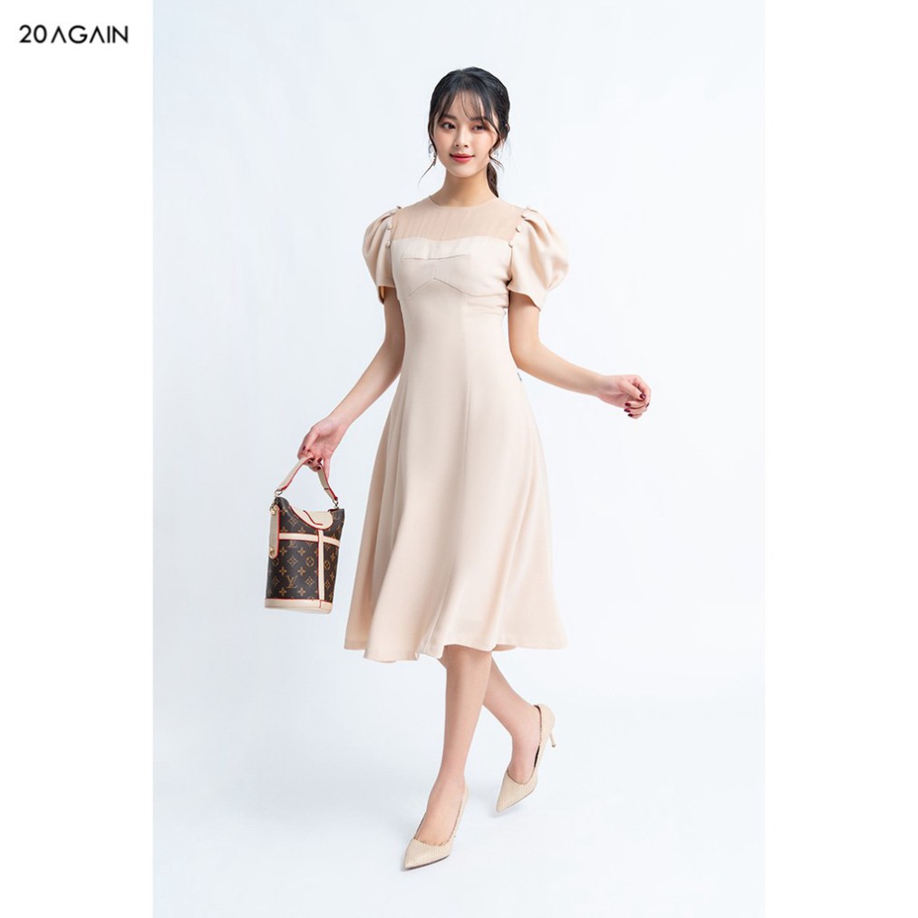 Đầm váy nữ công sở 20AGAIN đủ màu, đủ size, ngắn tay tay bồng phối ngực DEA0842