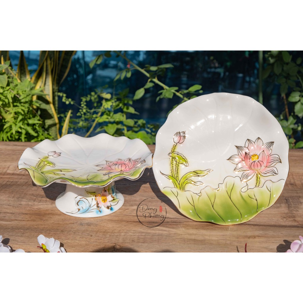 Đĩa Thờ Cúng - Set Đồ Thờ Phụng Bạch Ngọc Kim Sen Xanh Cao Cấp