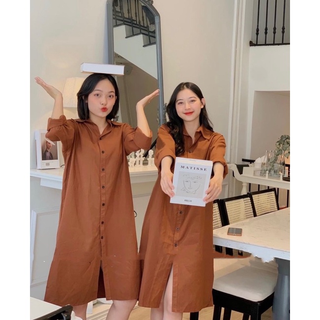 Đầm Sơmi tay dài SHIRT DRESS thiết kế form dài oversize suông rộng