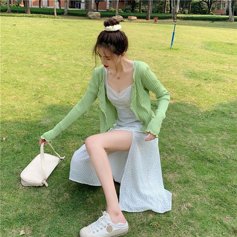 Xiaozhainv Đầm Maxi Chấm Bi/ Áo Khoác Cardigan Tay Dài Phong Cách Cổ Điển