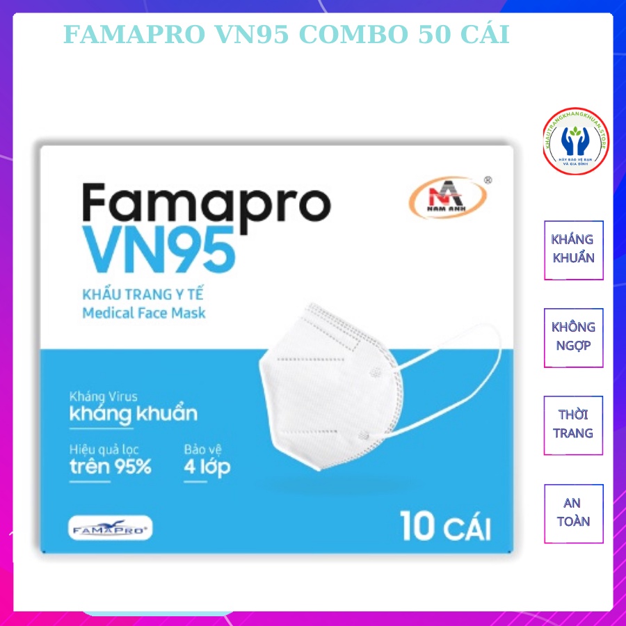 Khẩu trang VN95, Khẩu trang FAMAPRO [COMBO5] [HÀNG XỊN], kháng khuẩn chống bụi – Tiêu Chuẩn Châu Âu | FDA,4 Lớp (50 Cái)