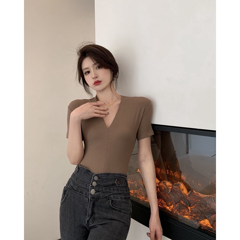 Áo Thun Tay Ngắn Cổ Chữ v Dáng Ôm Co Giãn Phong Cách Retro Thời Trang Cho Nữ