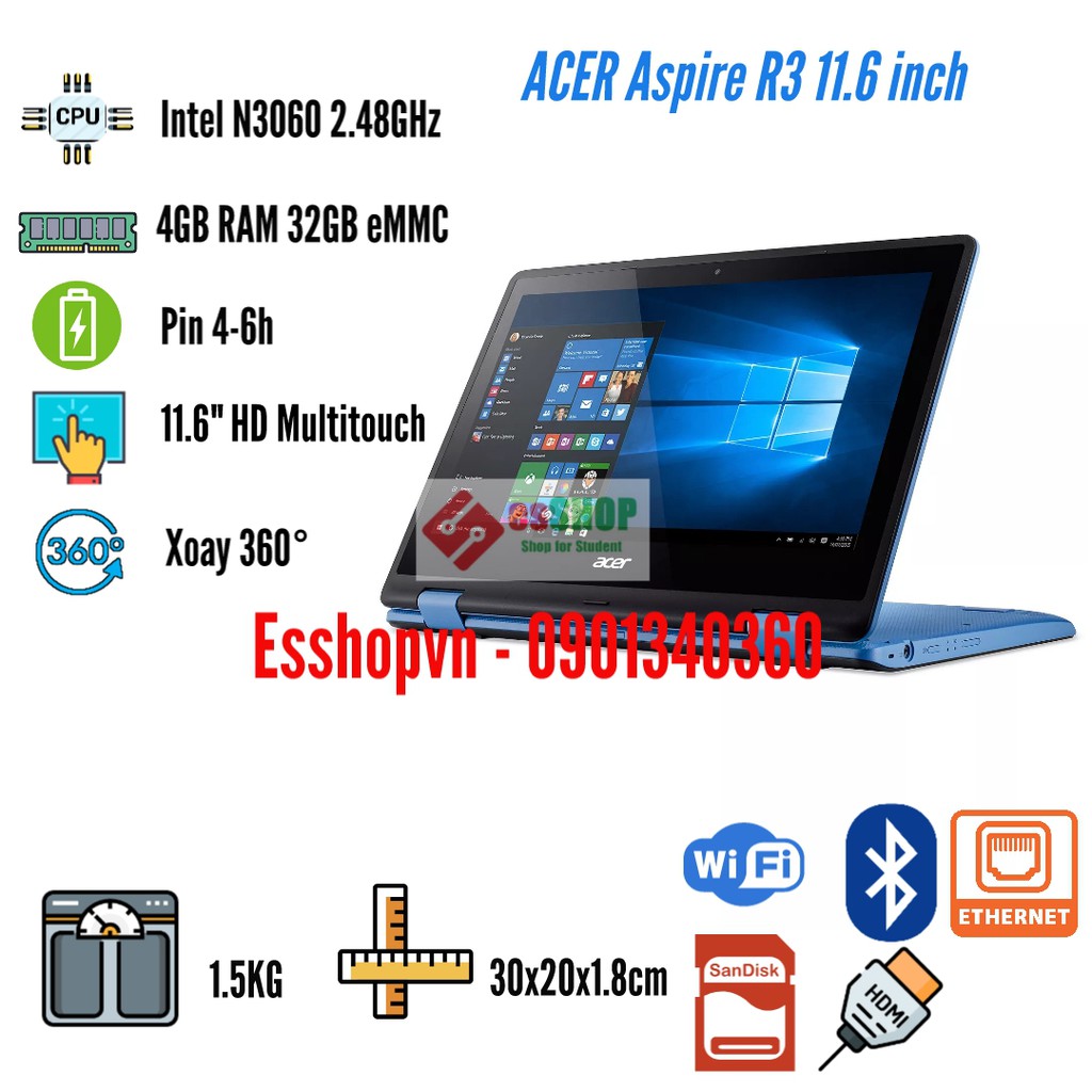 Laptop 2 trong 1 màn hình cảm ứng 11.6 inch ACER Aspire R3 Intel N3050/3060 4GB RAM 500GB - Likenew 98-99% | BigBuy360 - bigbuy360.vn