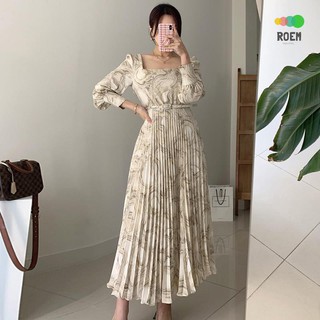 Đầm dài tay cổ vuông in họa tiết xinh xắn theo phong cách hàn quốc