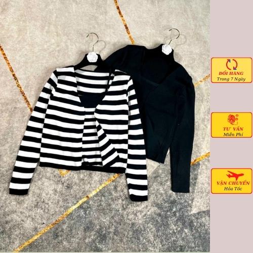 Set áo khoác cardigan len nữ kèm áo 2 dây sọc kẻ ngang đen trắng cá tính ulzzang Hàn Quốc thu đông