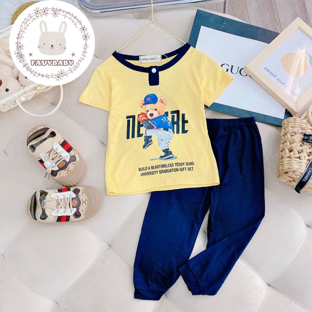 Bộ Áo Cộc Quần Dài MINKY MOM Chính Hãng Bé Trai Bé Gái Thun Lạnh Hình in Gấu Thể Thao Cho Bé 0 1 2 3 4 5 Tuổi - Favybaby