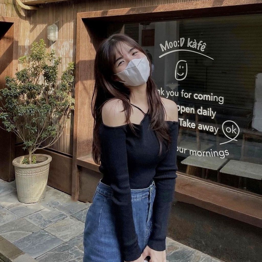 [FREESHIP] Áo len tăm trễ vai phối dây cách điệu (hàng QC) - Ảnh thật