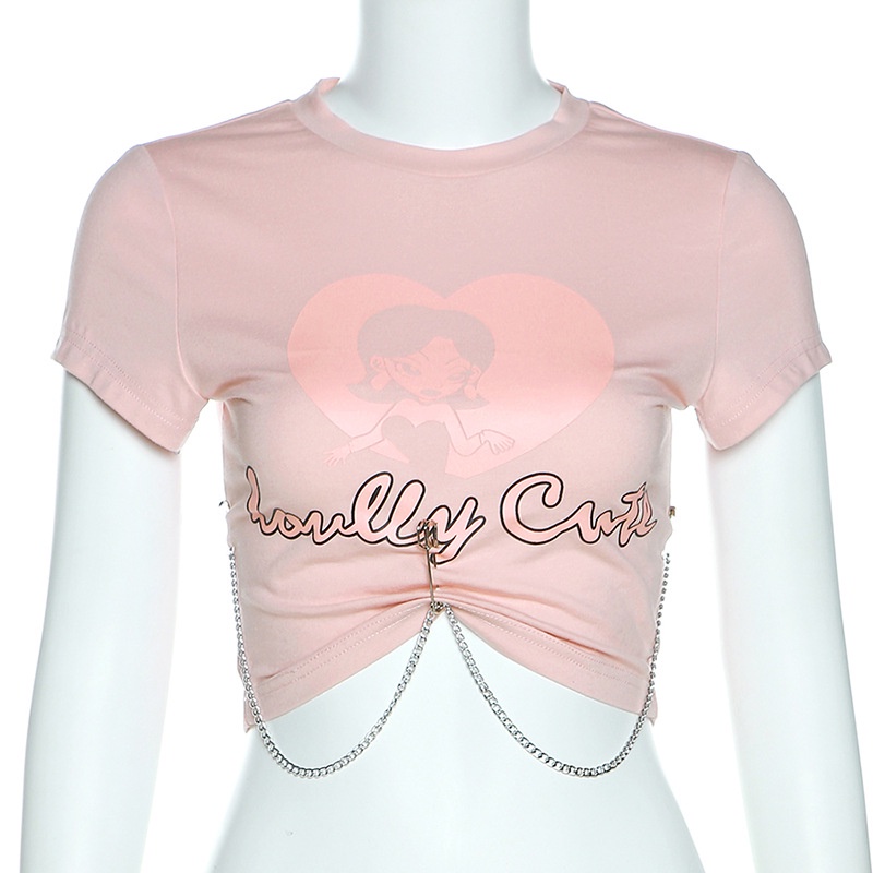 Áo Thun Tay Ngắn Cổ Tròn In Chữ Phối Dây Xích Thời Trang Cá Tính Cho Nữ