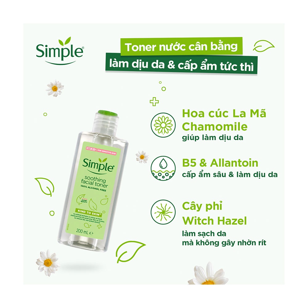 Nước Hoa Hồng Soothing Facial Toner Simple cân bằng ẩm cho da 200ml