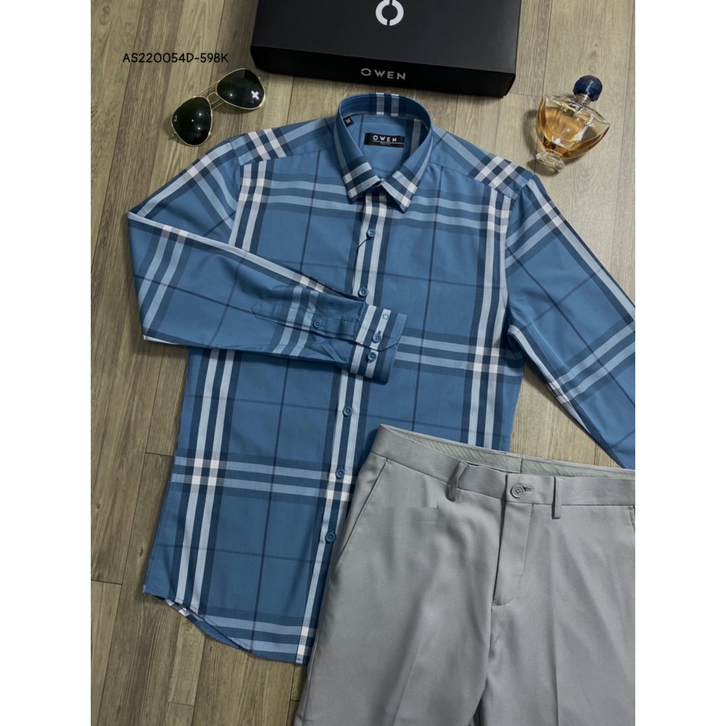Áo Sơ Mi Nam Dài Tay OWEN AS220054D Somi Công Sở Vải Sợi Tre Cao Cấp Màu Kẻ Caro Lớn Xanh Xám Dáng Ôm Tà Lượn Không Túi