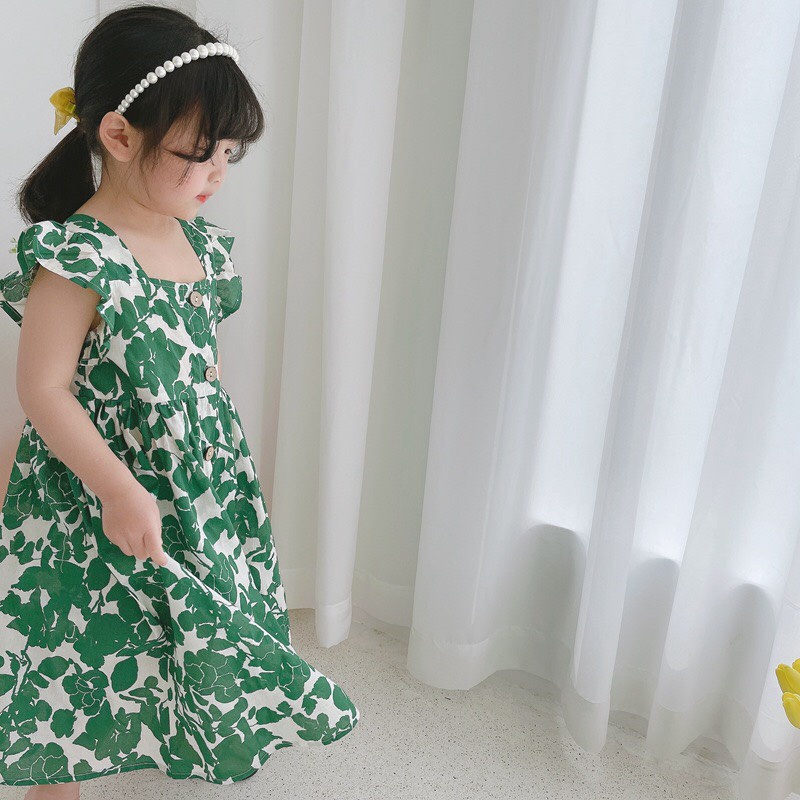 Đầm Bé Gái Hml  Chất Thô Hàn Xanh Mềm Mát Tay Cánh Tiên, Váy Cho Bé Gái Sai Đại Từ 2-10 Tuổi Mã A24