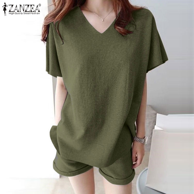 Set đồ Zanzea gồm áo thun ngắn tay cổ tim và quần short ống rộng thời trang dành cho nữ