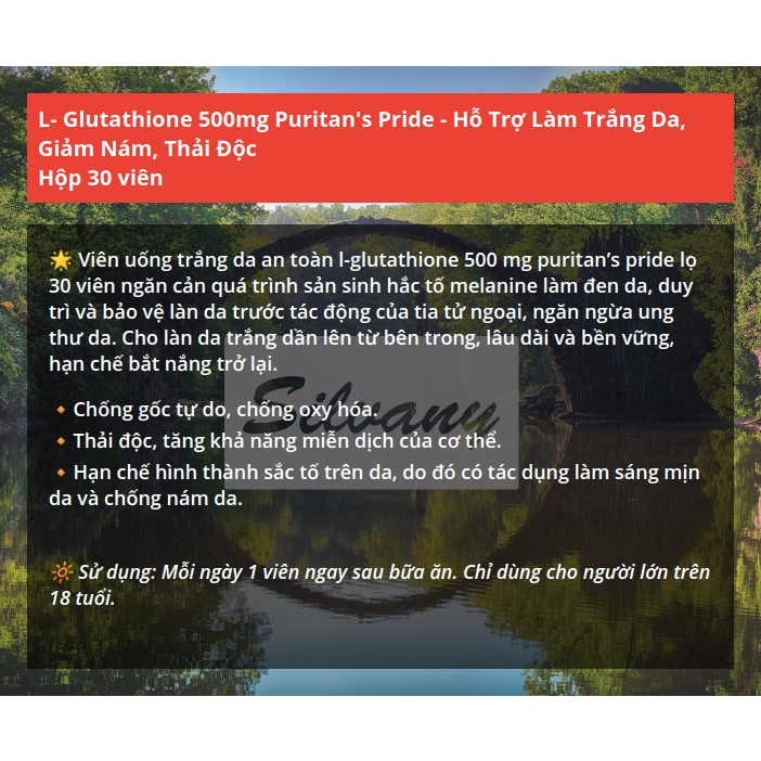L Glutathione 500mg Puritan's Pride Hỗ Trợ Làm Trắng Da, Giảm Nám 30 Viên