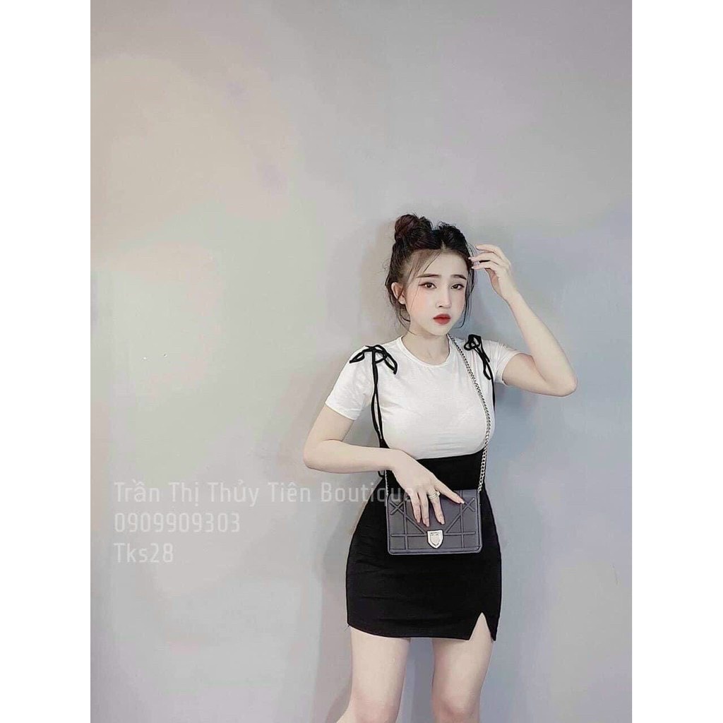 set áo thun tay ngắn mix yếm body xẻ đùi nhẹ xinh l