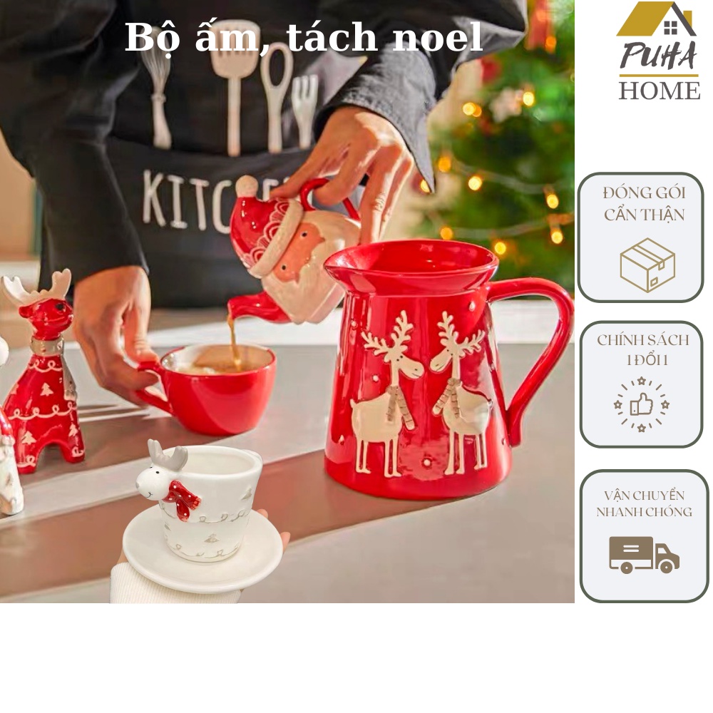 Ấm trà hình ông già Noel - tách trắng tuần lộc - Bình đỏ tuần lộc - Món quà giáng sinh ý nghĩa