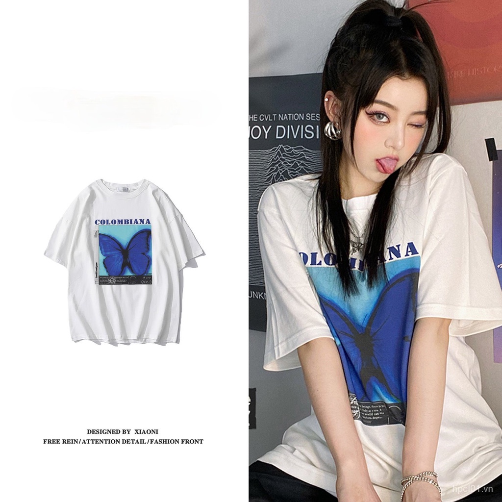Áo thun 100% cotton in họa tiết bướm phong cách Hiphop cho nữ