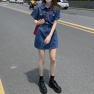 Váy Denim chiết eo ngắn tay năng động cá tính mùa hè