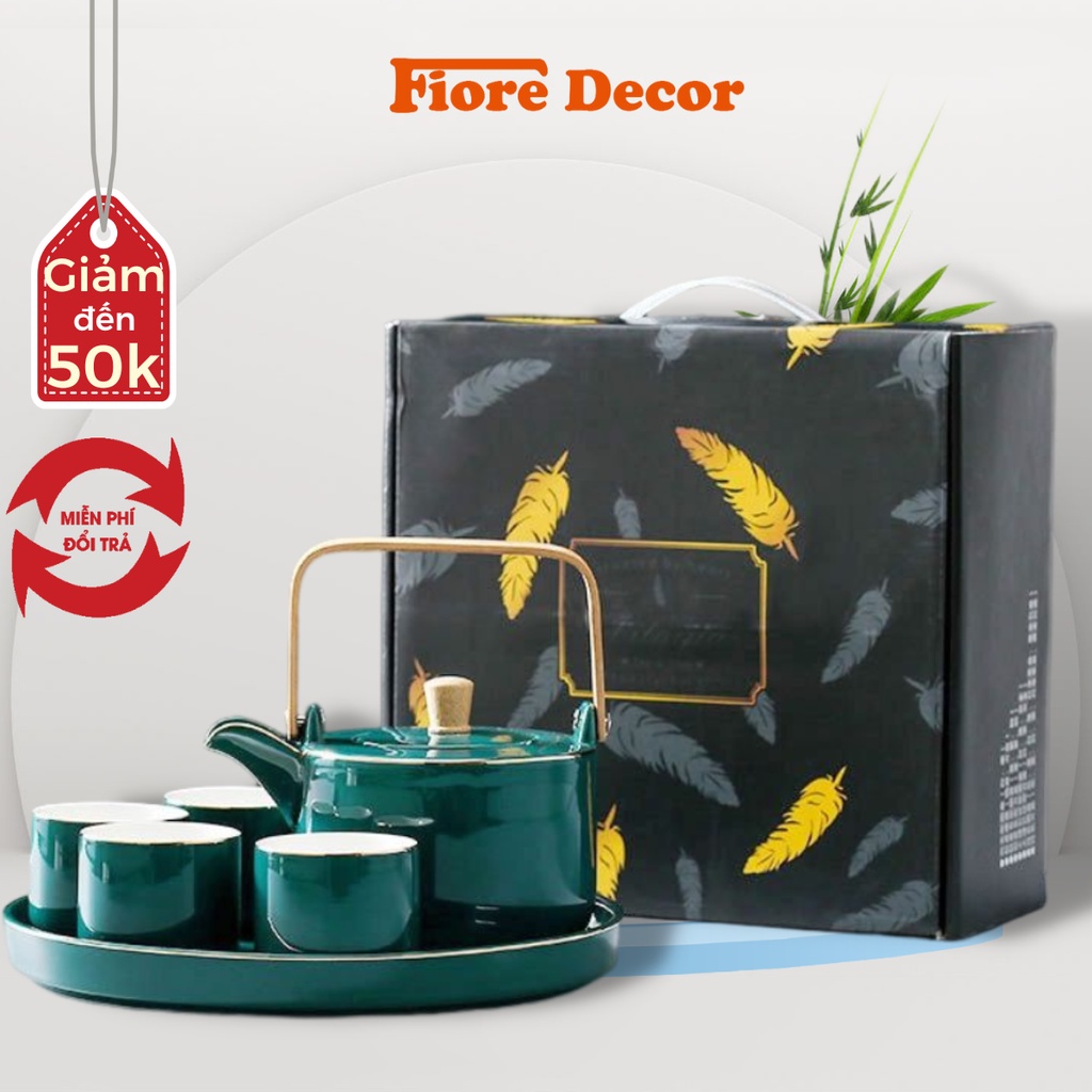 Bộ tách trà đẹp kèm khay sứ xanh cổ vịt 4 chén có hộp đẹp làm quà tặng tân gia sang trọng Fiore