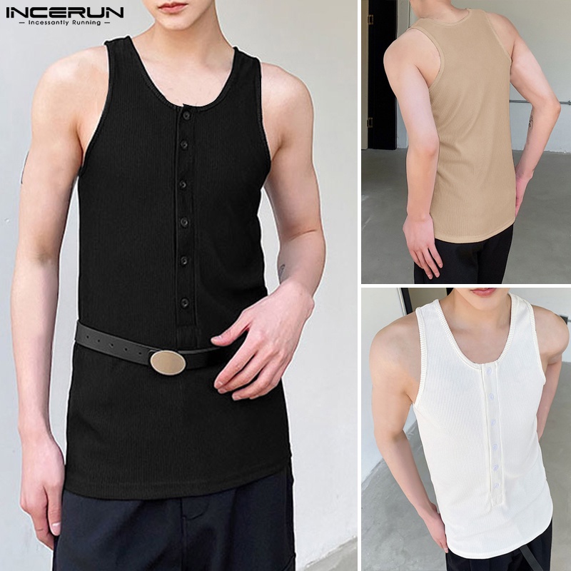 Áo ba lỗ INCERUN dệt kim in màu đơn giản cỡ S-5XL hợp thời trang cho nam