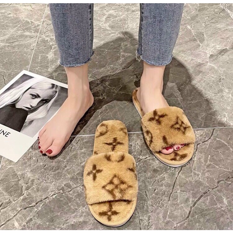 Dép lông quai ngang Lv cao cấp, dép lông nữ quai ngang đi trong nhà