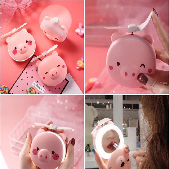 QUẠT MINI CẦM TAY, THÊM GƯƠNG TRANG ĐIỂM HÌNH HEO CON .