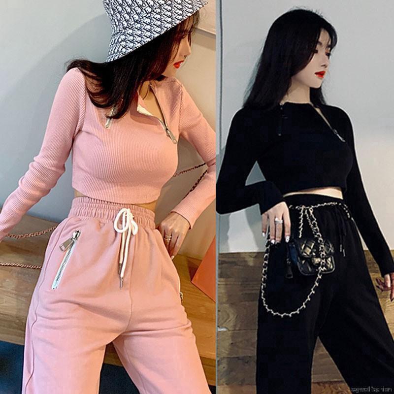 Áo Thun Tay Dài Thân Ngắn Phối Khóa Kéo Thời Trang Cho Nữ
