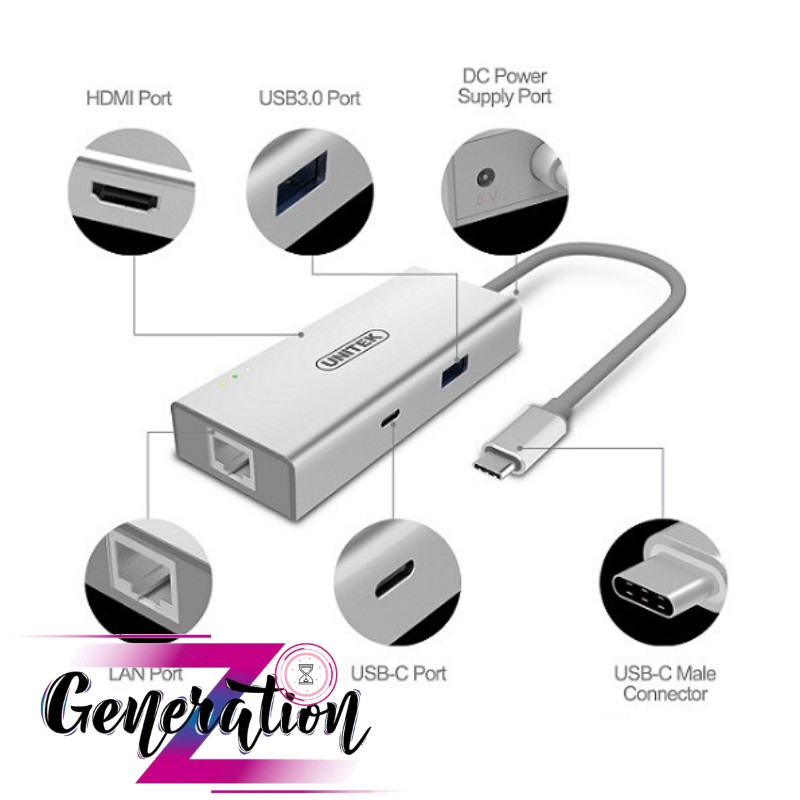 Cáp Chuyển Type-C To USB (3.0) + HDMI + LAN+ Nguồn Unitek Y9117