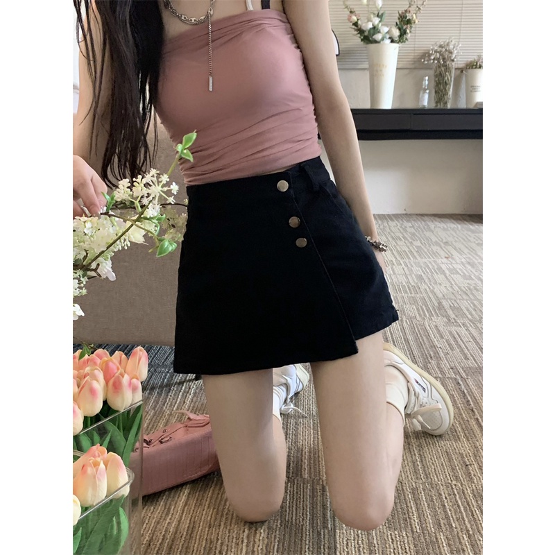 「 WELOVE1 」Chân Váy Denim Chữ A Lưng Cao Màu Đen Trơn Phong Cách Retro Thời Trang Mùa Hè Cho Nữ