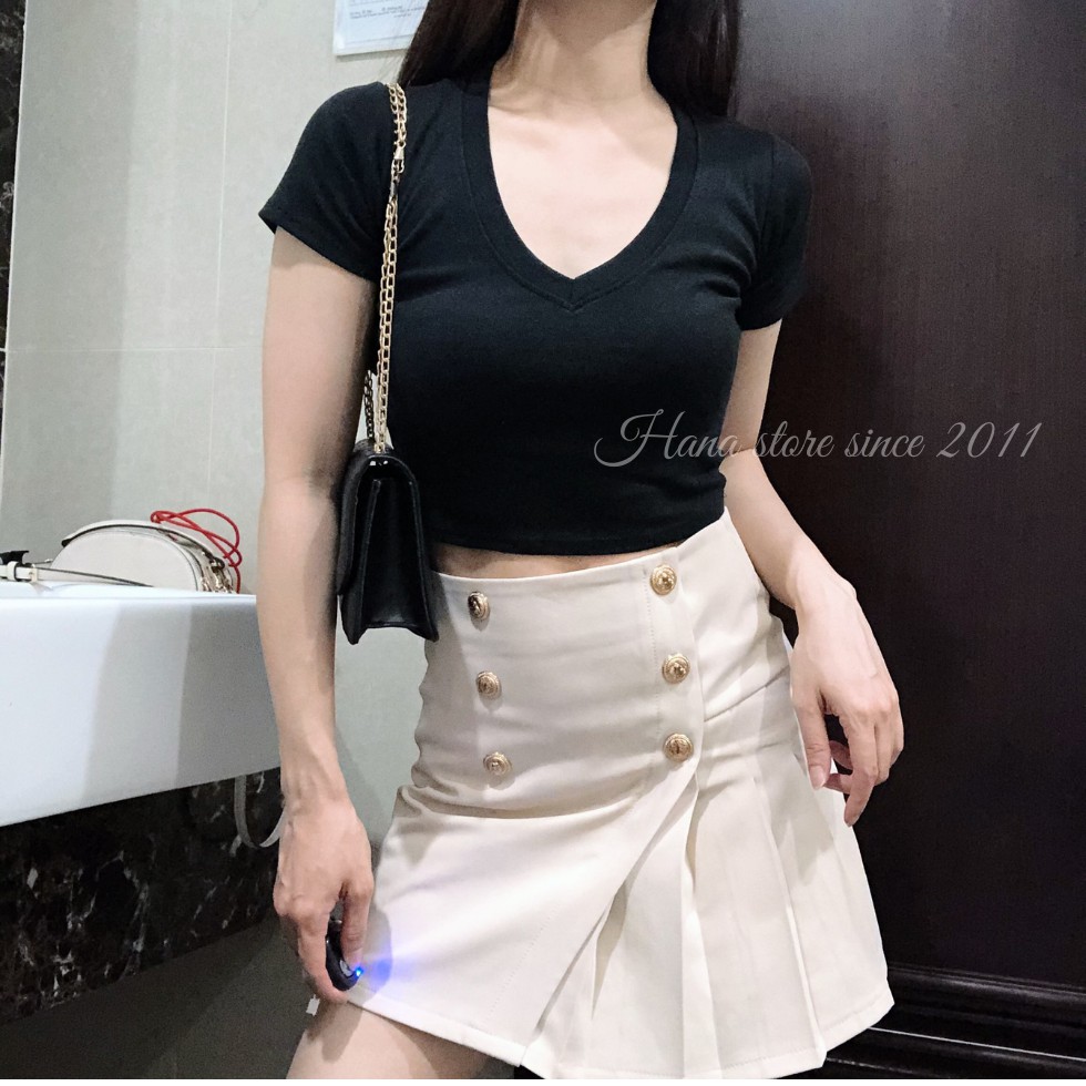 Áo croptop cổ chữ V, tay ngắn dáng ômfreesize[Ảnh thật] hàng có sẵn tại Hana Store