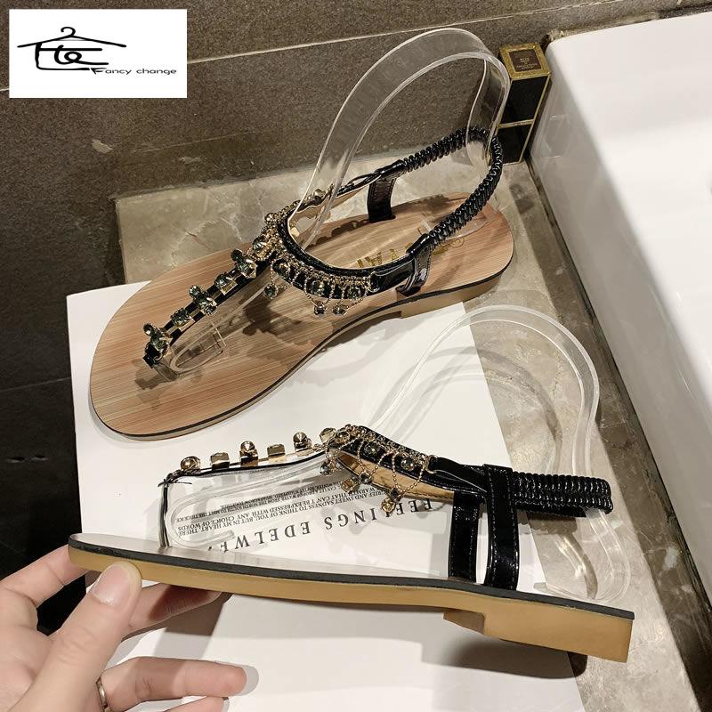 Giày Sandal Xỏ Ngón Đế Bằng Đính Đá Phong Cách Bohemian Thời Trang Đi Biển Cho Nữ