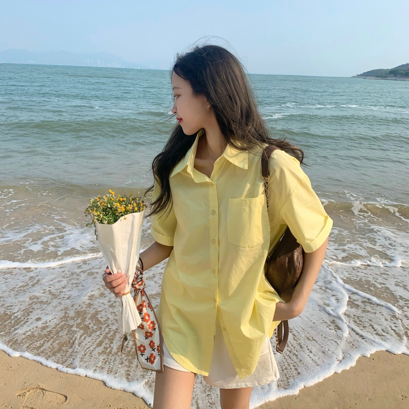 Áo sơ mi tay ngắn màu sắc kẹo ngọt 178829Áo sơ mi ngắn tay dáng rộng đơn giản dễ phối đồ