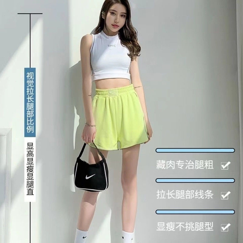 Jiashucheng Quần Short Dáng Chữ a Lưng Cao Dáng Rộng Màu Xanh Lá Dạ Quang Thời Trang Mùa Hè Giản Dị Thích Hợp Chạy Bộ Phổ Biến Cho Nữ