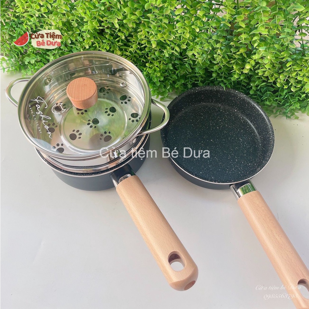 Bộ Nồi Chảo Xửng Hấp Fashion Hàn Quốc nấu ăn dặm,nấu bột, nấu cháo cao cấp, men đá chống dính, kèm xửng hấp