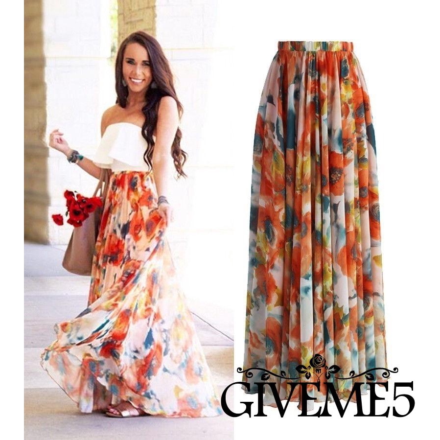 Chân váy maxi chiffon in hoa thời trang