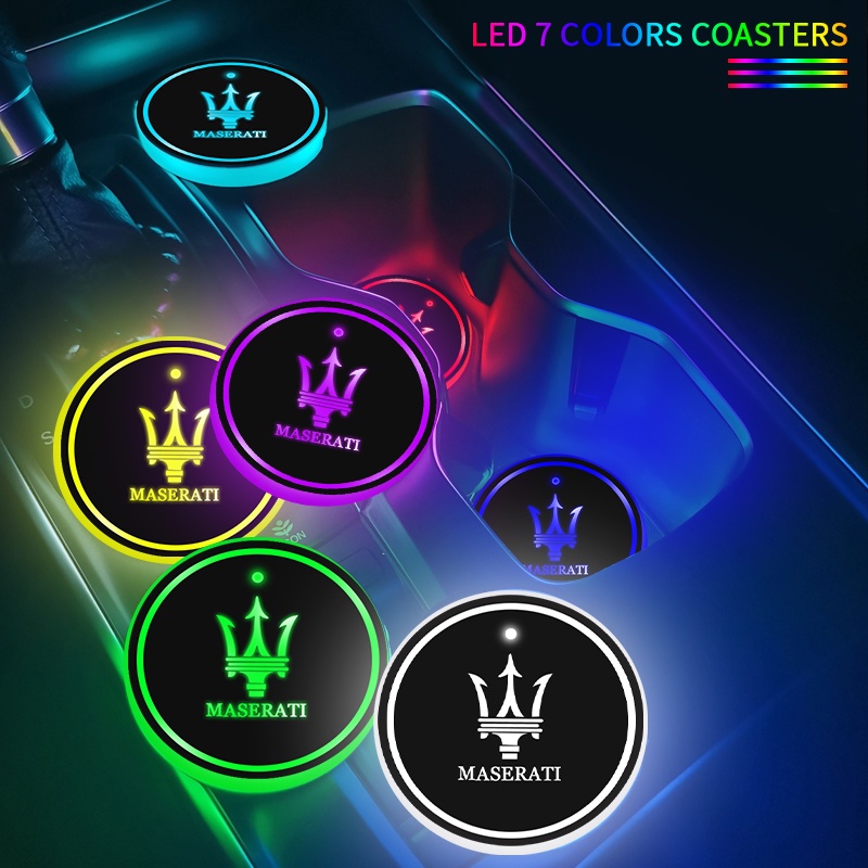 Bộ 2 Đế Lót Ly Cảm Biến Thông Minh Có Đèn Led 7 Màu Cho Xe Hơi Maserati Quattroporte Ghibli GranTurismo Gran Cabrio Levante