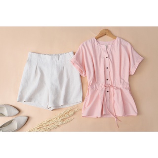 Áo kiểu rút eo KACHISA màu hồng pastel