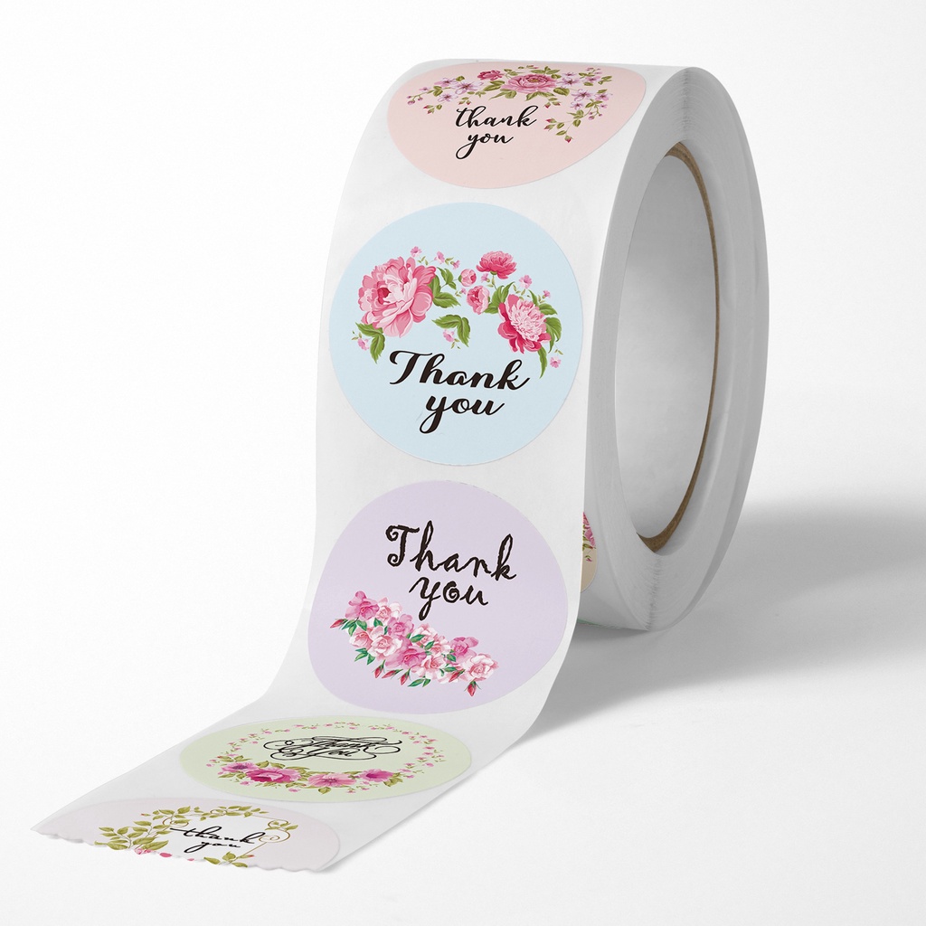 Cuộn 500 tem dán Sticker mix 8 mẫu hoa  - Tem cảm ơn mix 8 kiểu hoa
