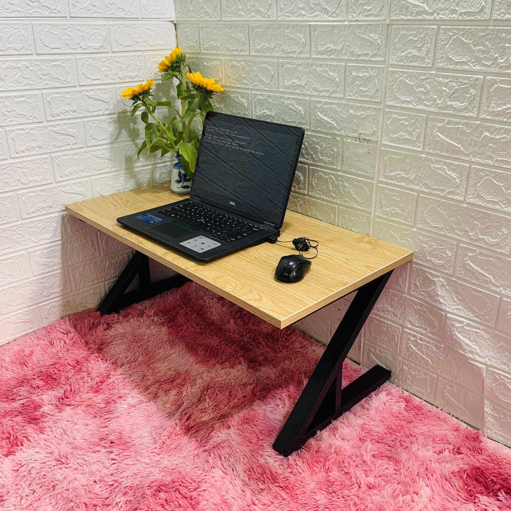 Bàn làm việc (R50*D100*C35cm) chân sắt chữ Z gấp bệt {GIÁ TẠI XƯỞNG} mặt gỗ MDF NHẬP KHẨU màu vàng vân gỗ sồi dày 17mm