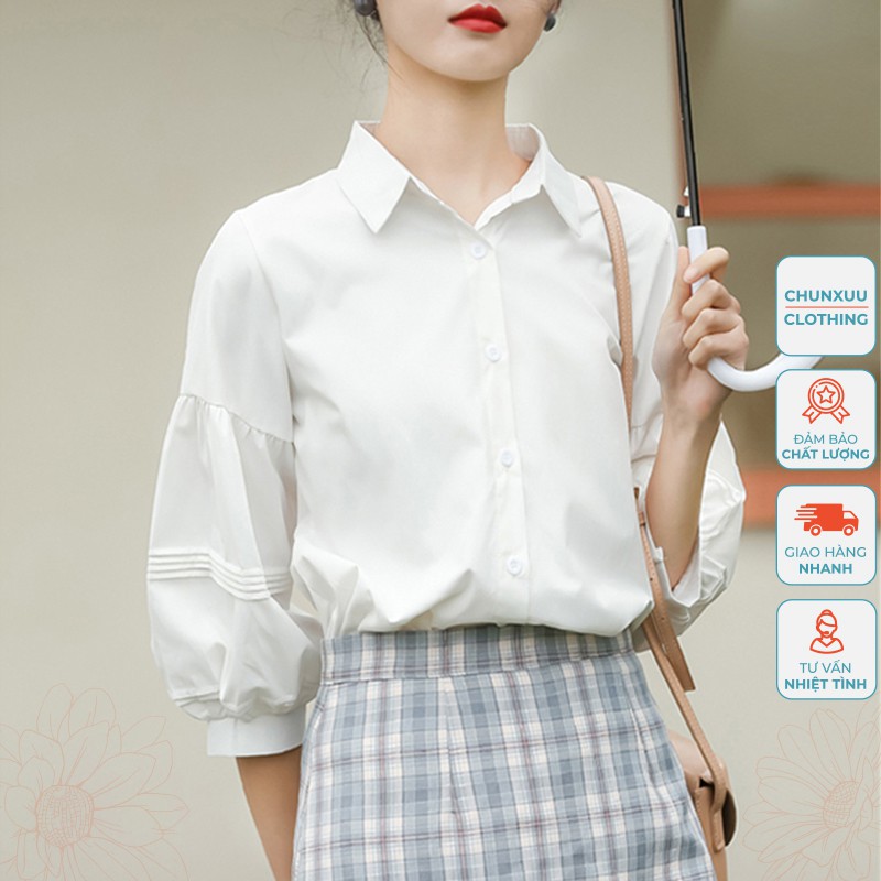 Áo sơ mi trắng nữ kiểu tay bồng xếp ly Chunxuu, phong cách trẻ trung chất liệu vải đẹp mềm mại - SP22