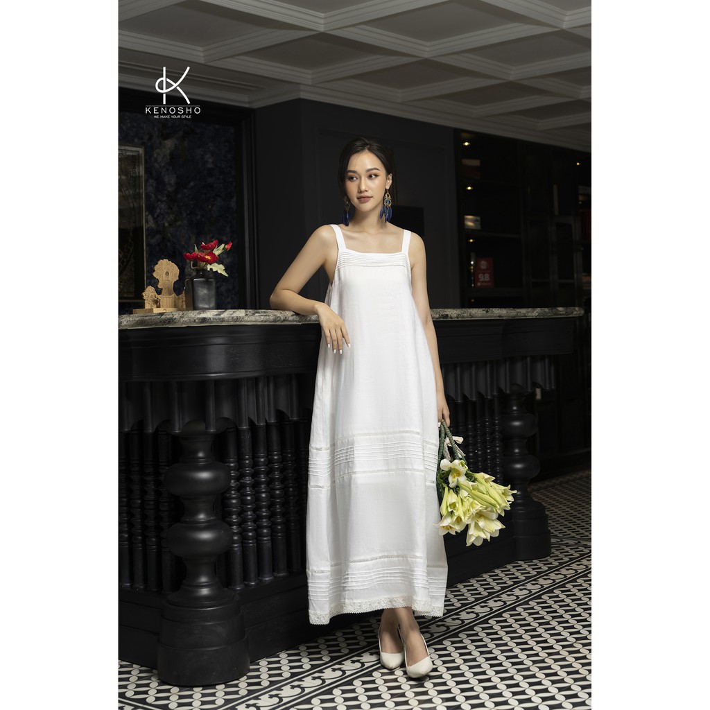 K137 Đầm maxi Premium Linen, xếp ly ngực và phần chân váy. Phối cùng ren cotton