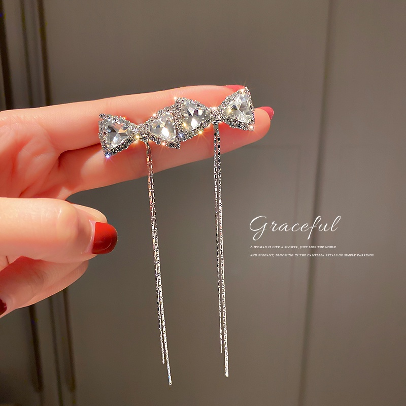 Khuyên Tai Dáng Dài Đính Đá Phối Nơ Tua Rua Lấp Lánh Phong Cách Hàn Quốc Thời Trang