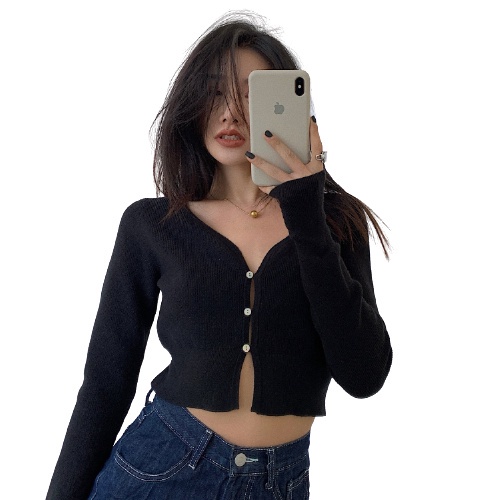 QKOOLE  Áo cardigan dệt kim tay dài cổ chữ v phong cách Hàn Quốc xinh xắn cho nữ