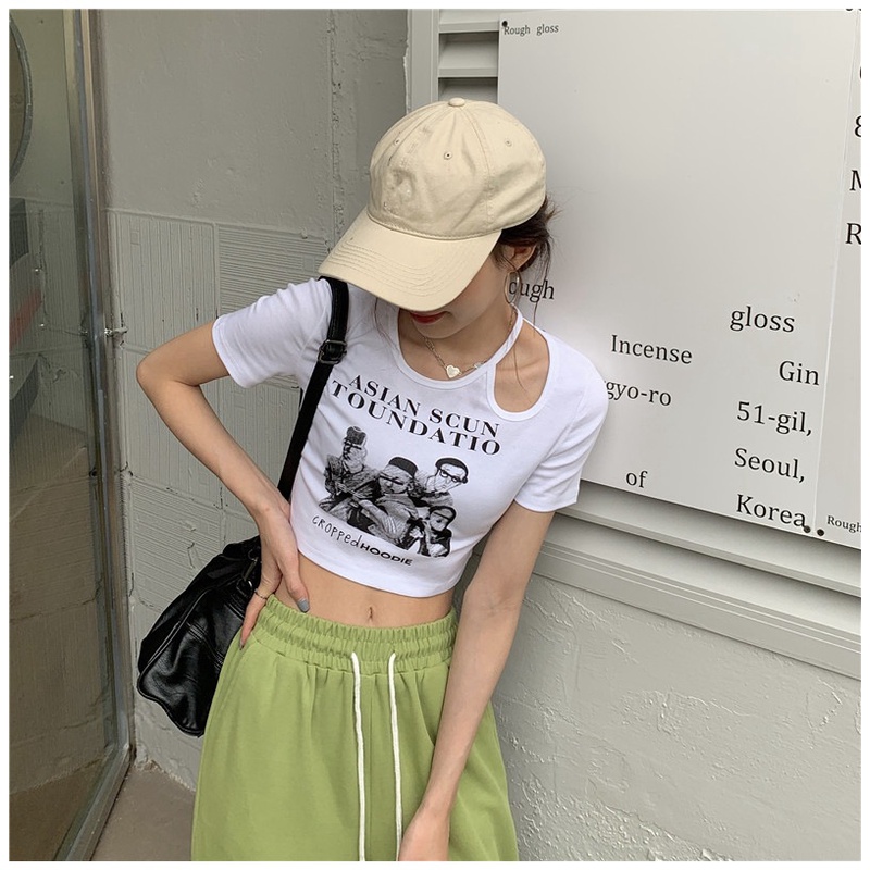 Áo Thun Croptop Ngắn Tay Form Ôm In Họa Tiết Phong Cách Vintage