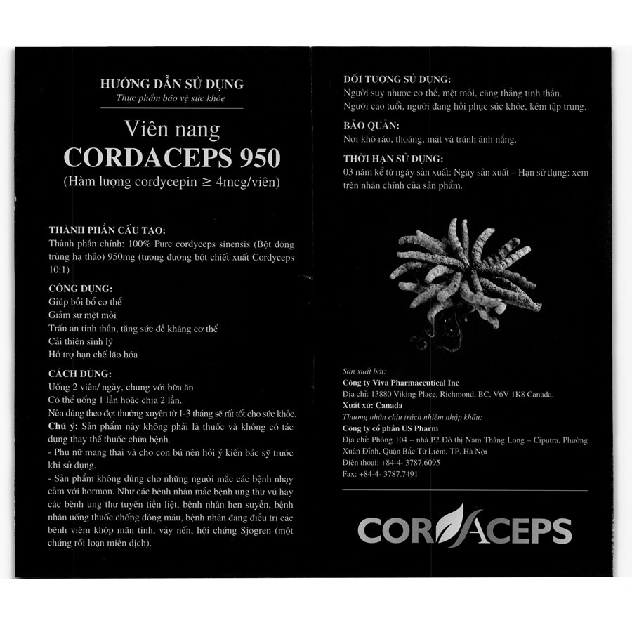 Viên đông trùng hạ thảo Cordaceps 950 giảm suy nhược hộp 90 viên - Chính Hãng Canada