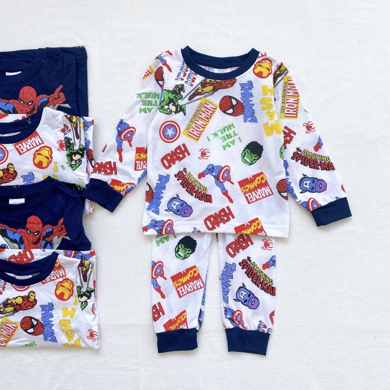 Set 2 bộ cotton dài tay cho bé trai hoạ tiết marvel tím than trắng cho bé từ 10-24 cân