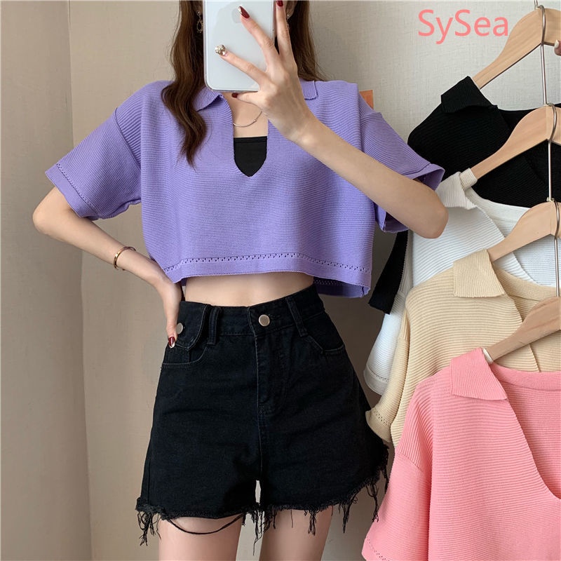 Áo dệt kim tay ngắn cổ chữ V dáng rộng thời trang Hàn Quốc sành điệu cho nữ