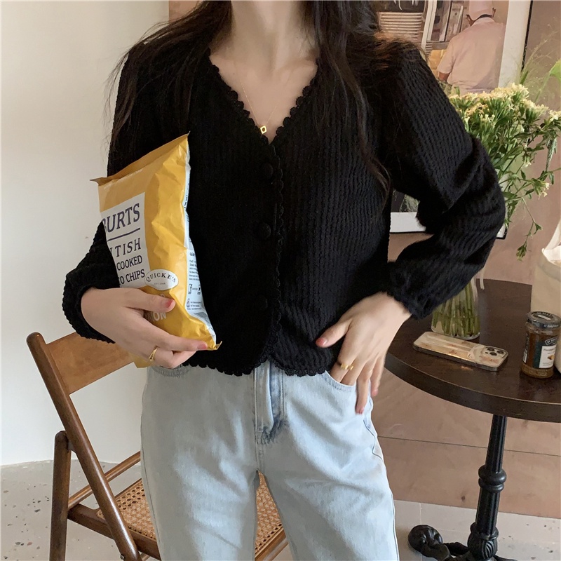 Áo Cardigan Ngắn Cổ Chữ V Phối Ren Phong Cách Pháp Thời Trang Mùa Thu Cho Nữ