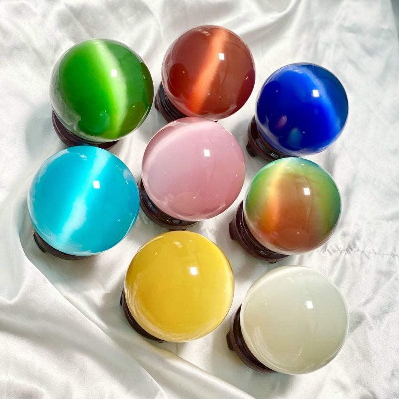 Quả Cầu Đá Để Bàn Làm Việc Đá Mắt Mèo Size 8Cm