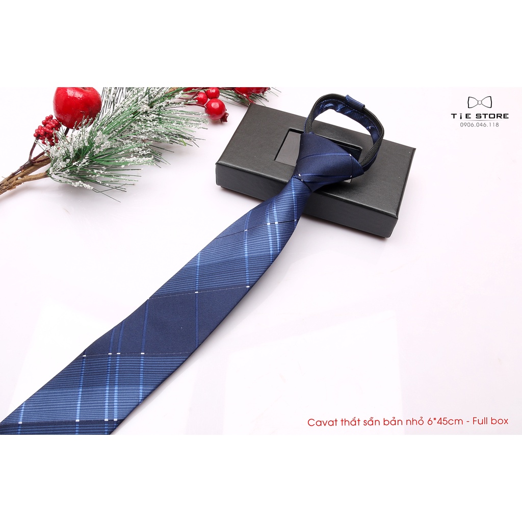 Cà vạt thắt sẵn Hàn Quốc bản nhỏ 6cm * 45cm - Tặng kèm hộp, màu xanh kẻ caro