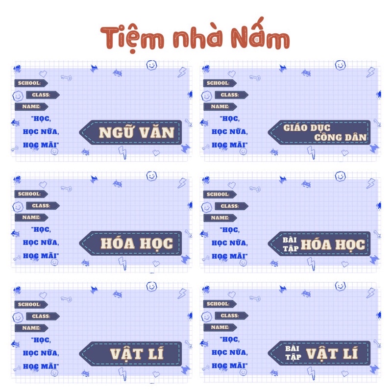 Combo Nhãn Vở Thiết Kế Theo Tên Môn Học, Tím Siêu Quậy